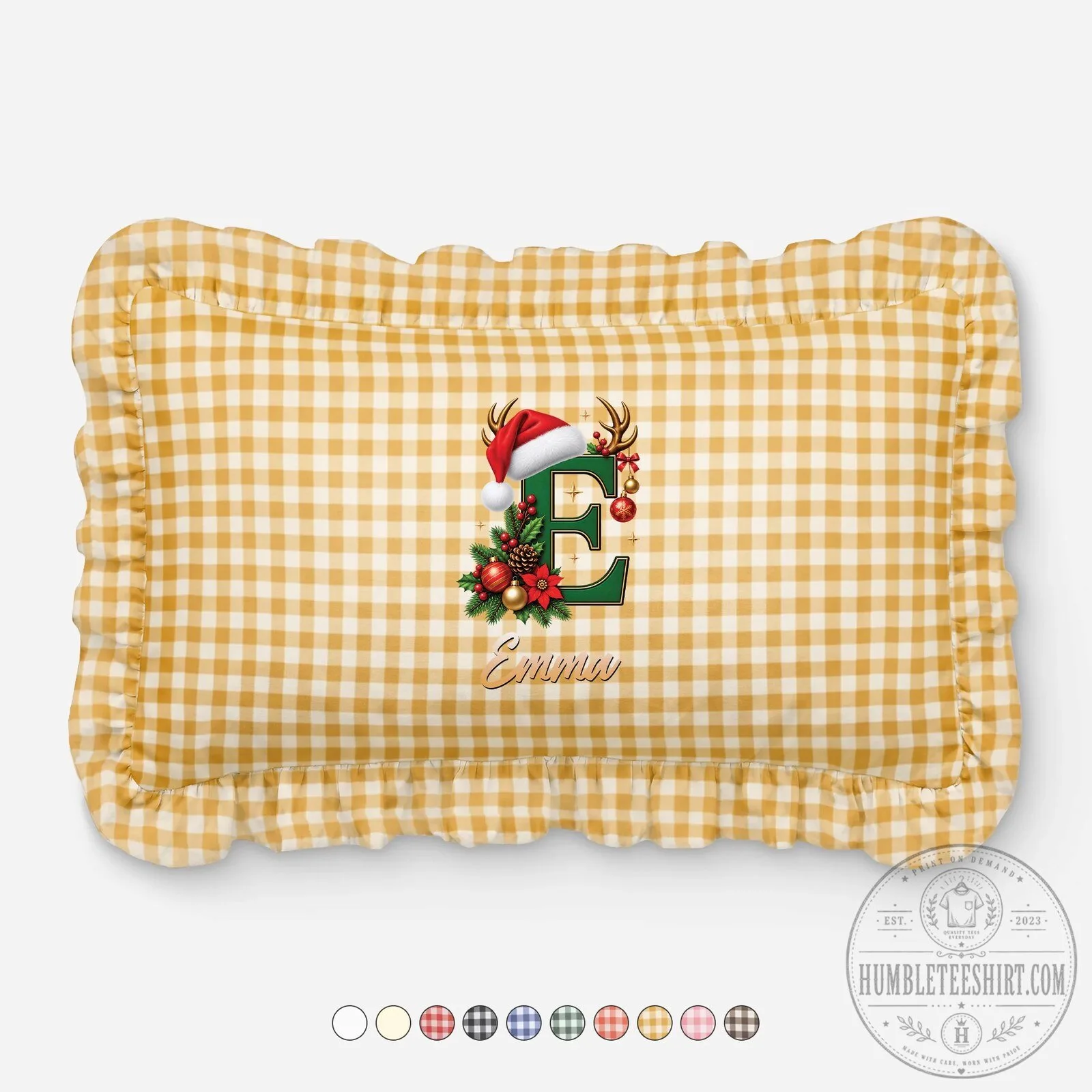 Personalized Christmas Initial E Emma Gingham Ruffle Pillow