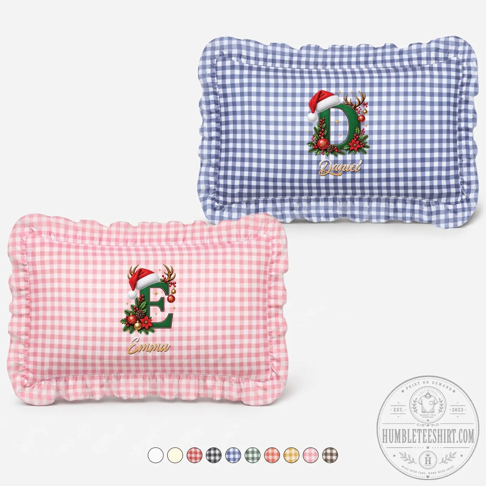 Personalized Christmas Initial E Emma Gingham Ruffle Pillow 13 Personalized Christmas Initial E Emma Gingham Ruffle Pillow