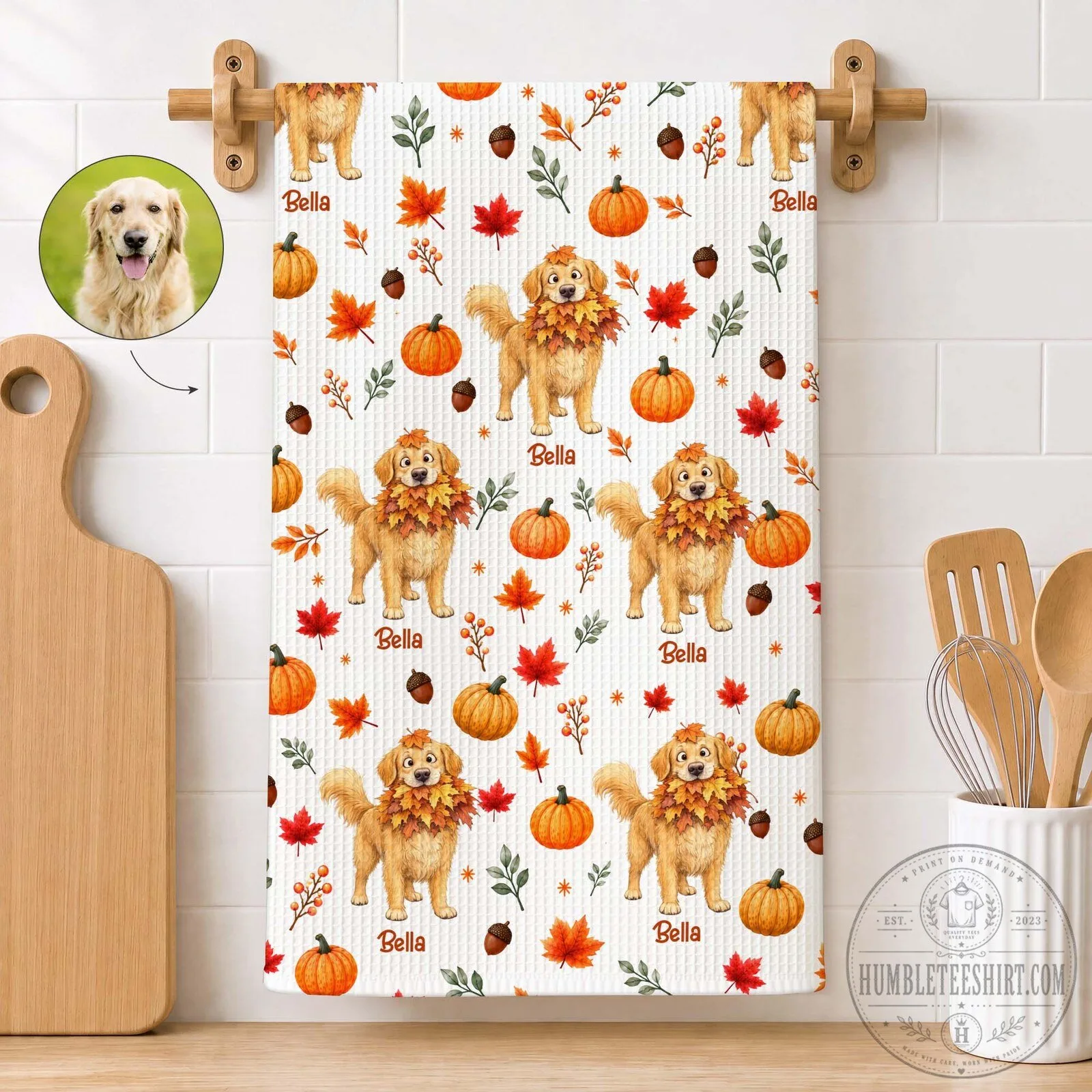 Personalized Golden Retriever Fall Pumpkin Pet Photo Kitchen Towel