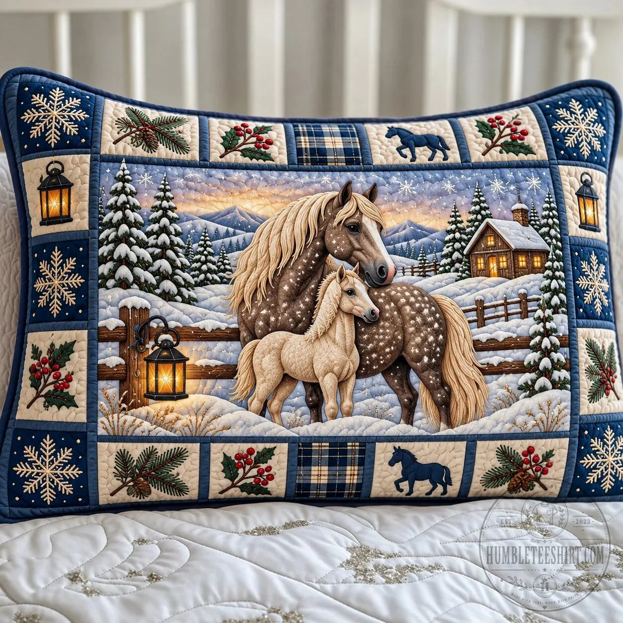 Winter Horses Snow Scene Quilted Pillow Case with Lanterns and Cabin