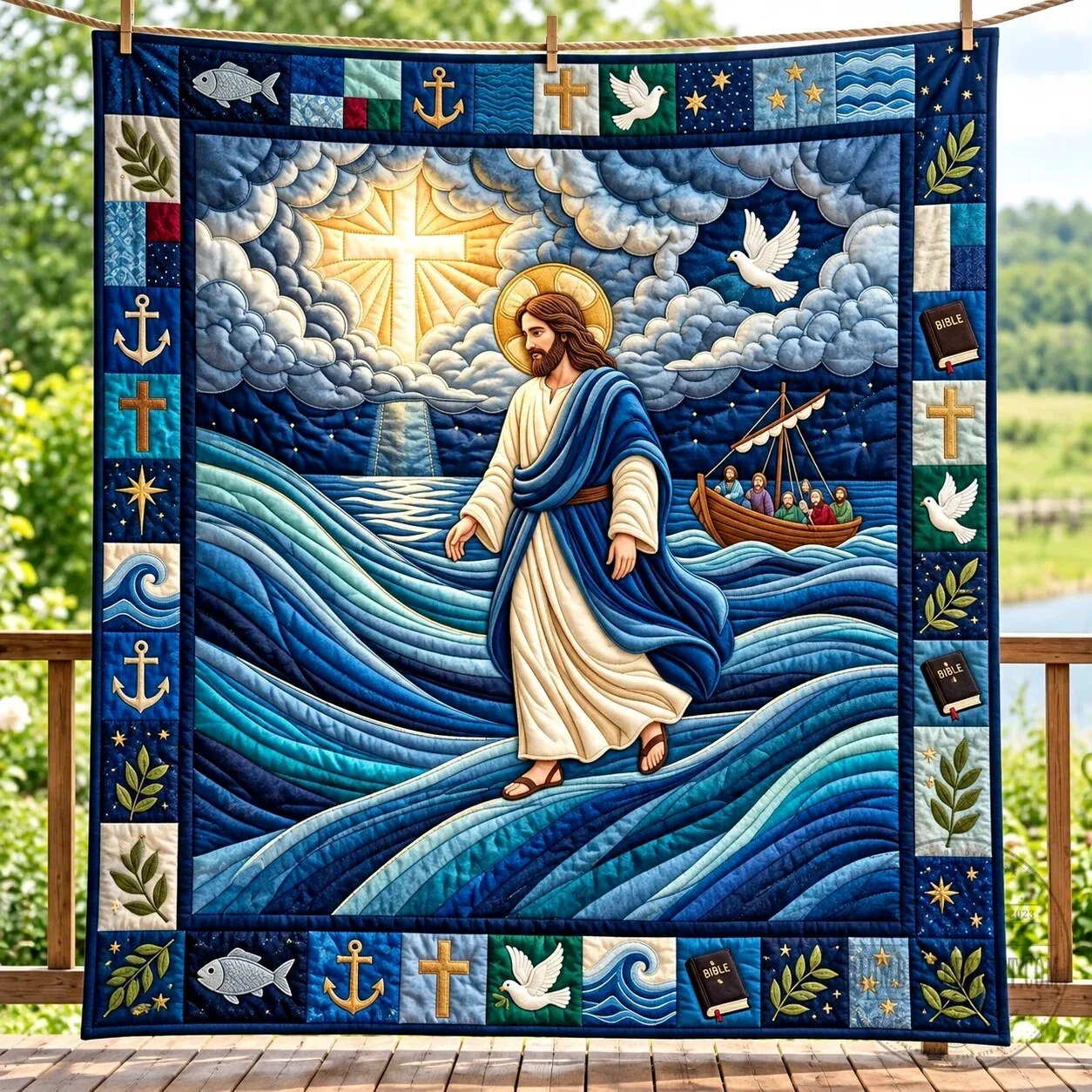 Jesus Walking on Water Christian Faith Quilted Blanket