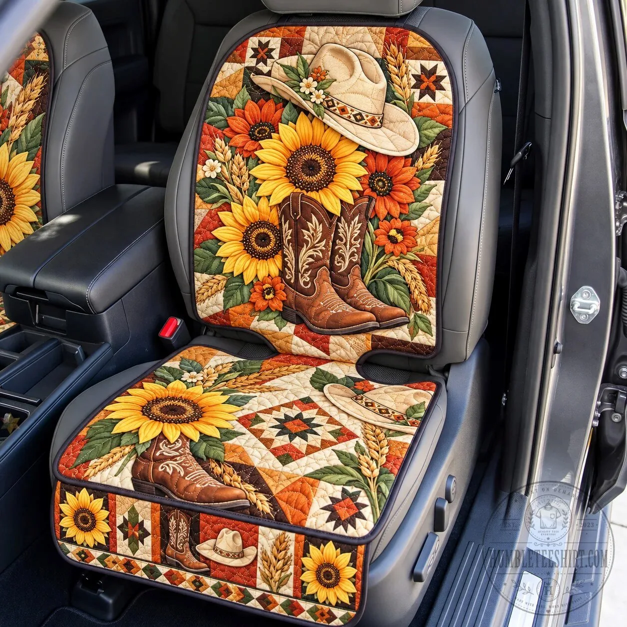Country Western Sunflowers Quilted Car Seat Protector with Cowboy Boots and Hat