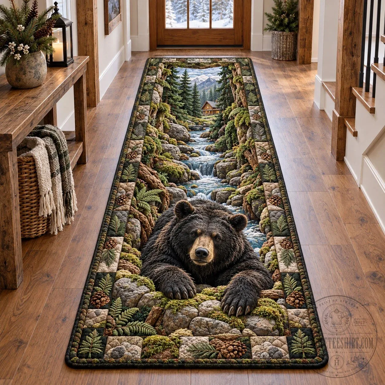 Grizzly Bear Mountain Creek Forest Nature Scene Runner Rug