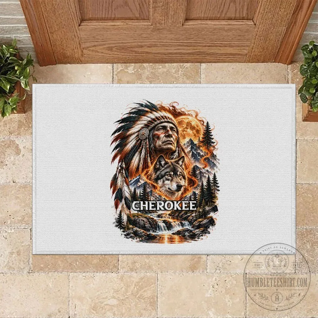 Cherokee Wolf And Native American Chief Tribal Nature Landscape Doormat