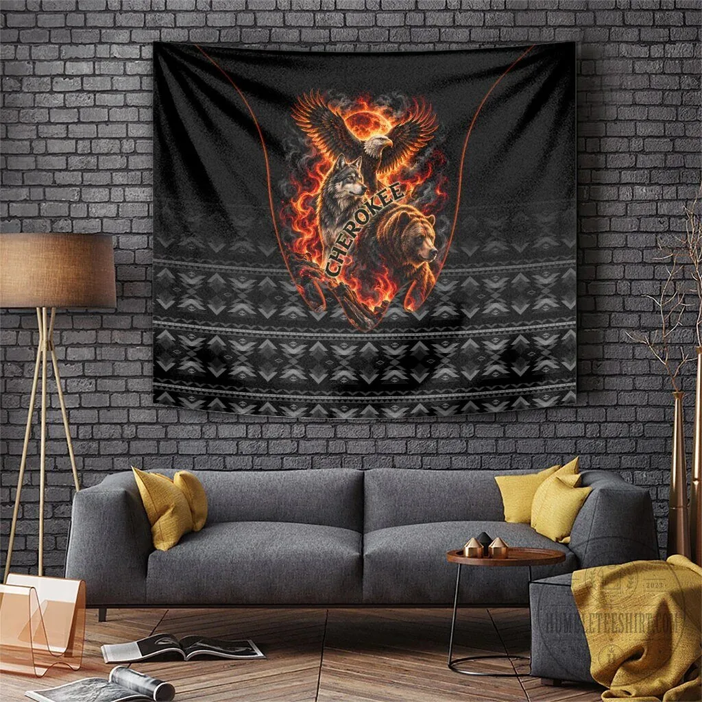 Cherokee Spirit Animals Fiery Tribal Art Native Geometric Patterns Wall Tapestry
