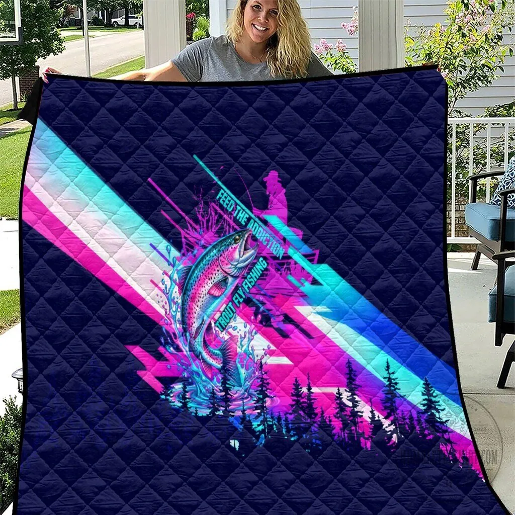 Trout Fly Fishing Born To Cast Quilt Vibrant Neon Cyberpunk Abstract Rainbow Trout Fisherman