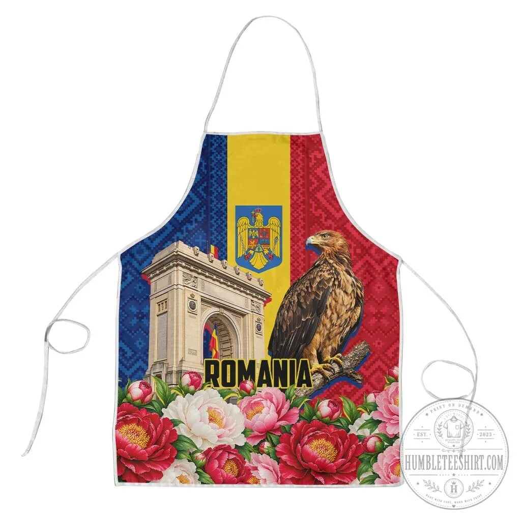 Romania Flag Eagle Arcul de Triumf Floral Peony Pattern Kitchen Apron