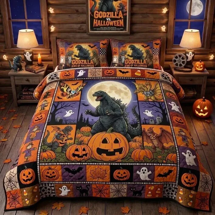 Godzilla King of the Monsters Halloween Pumpkin Ghost Quilted Blanket
