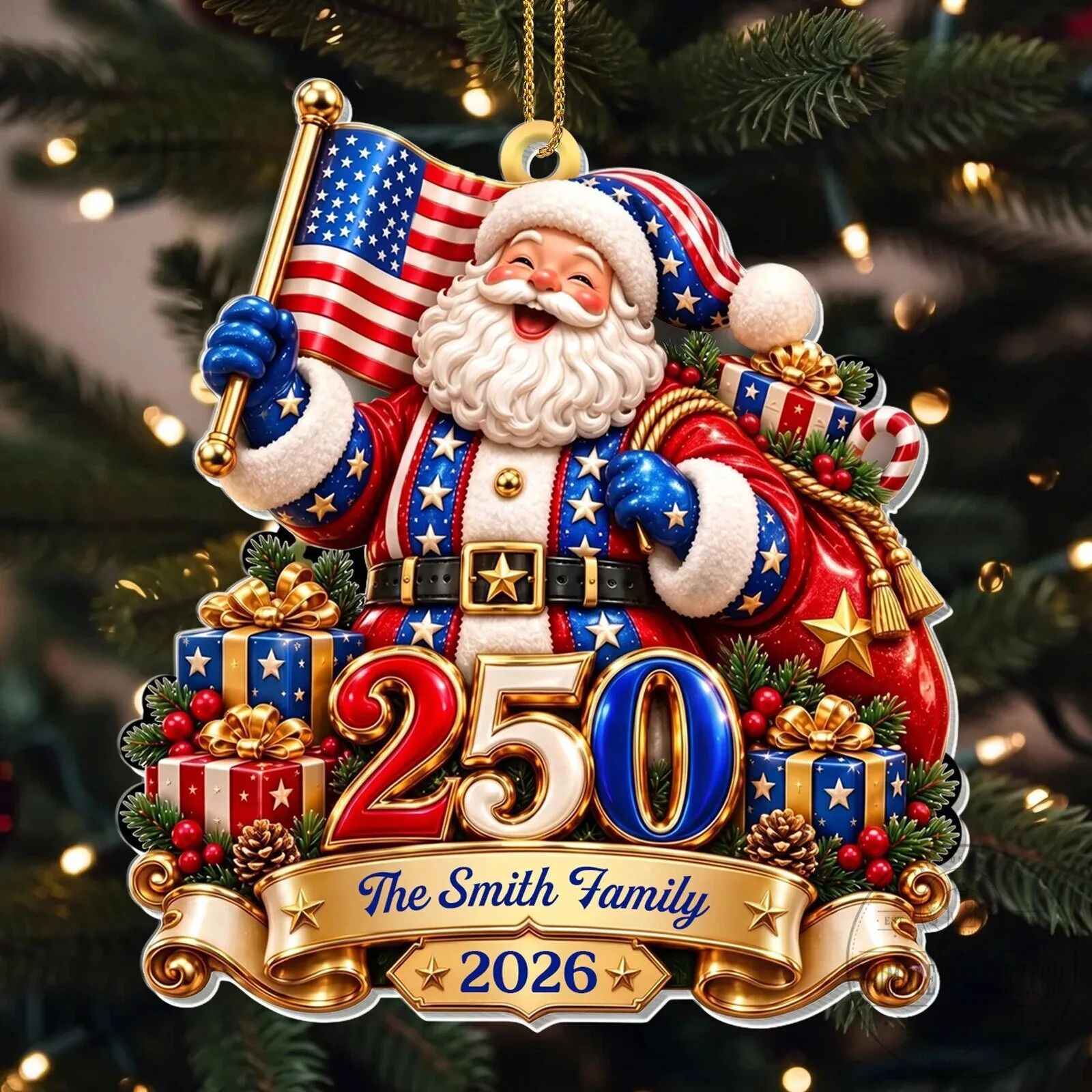 Personalized Patriotic Santa Claus American Flag Christmas Tree Ornament
