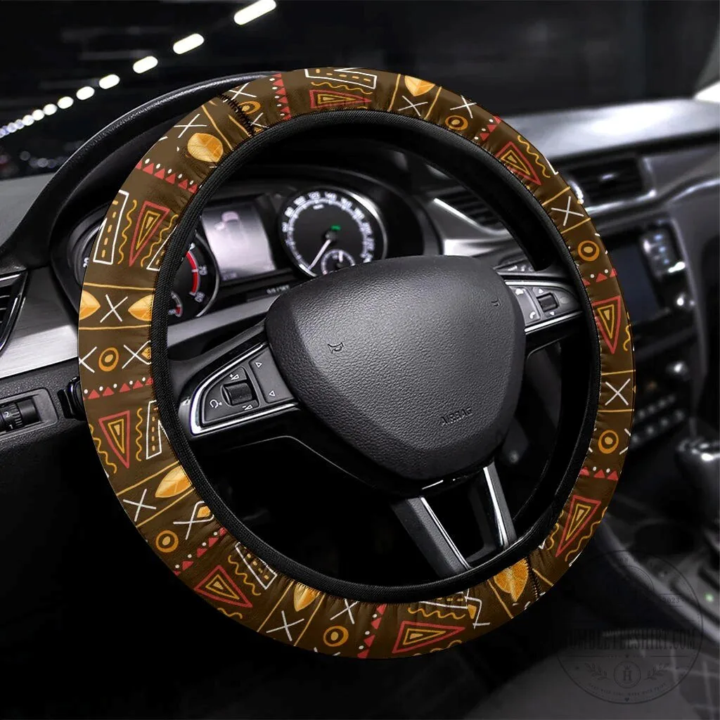 African Tribal Pattern Steering Wheel Cover, Mudcloth Heritage Art Car Accessory