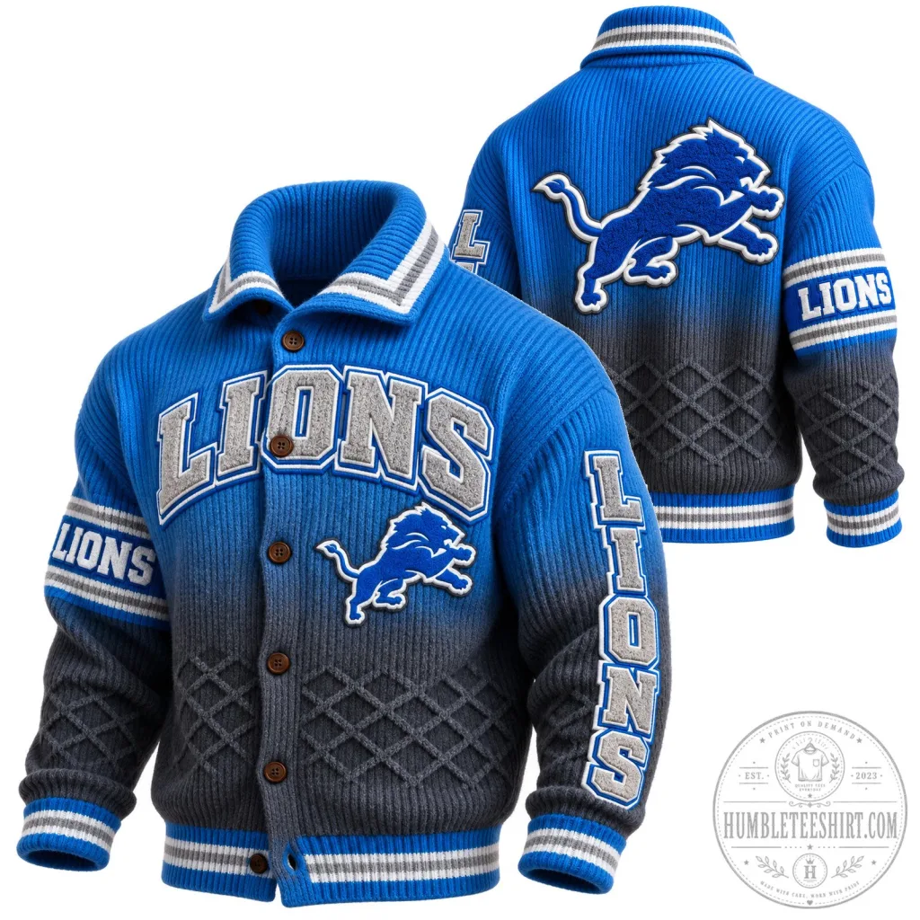 Detroit Lions Blue and Gray Knit Cardigan Button Up Sweater Detroit Lions Blue and Gray Knit Cardigan Button Up Sweater