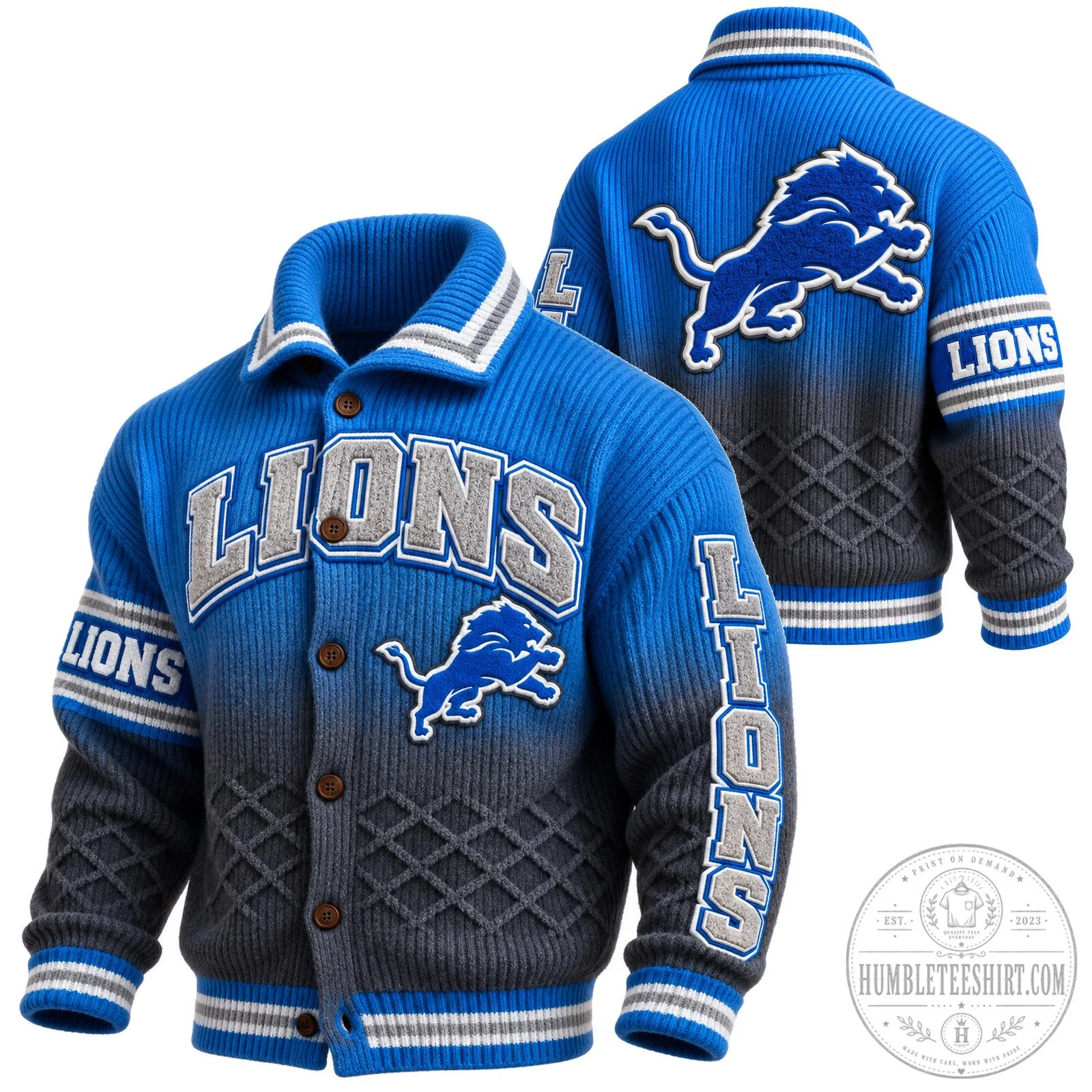 Detroit Lions Blue and Gray Knit Cardigan Button Up Sweater 5 Detroit Lions Blue and Gray Knit Cardigan Button Up Sweater