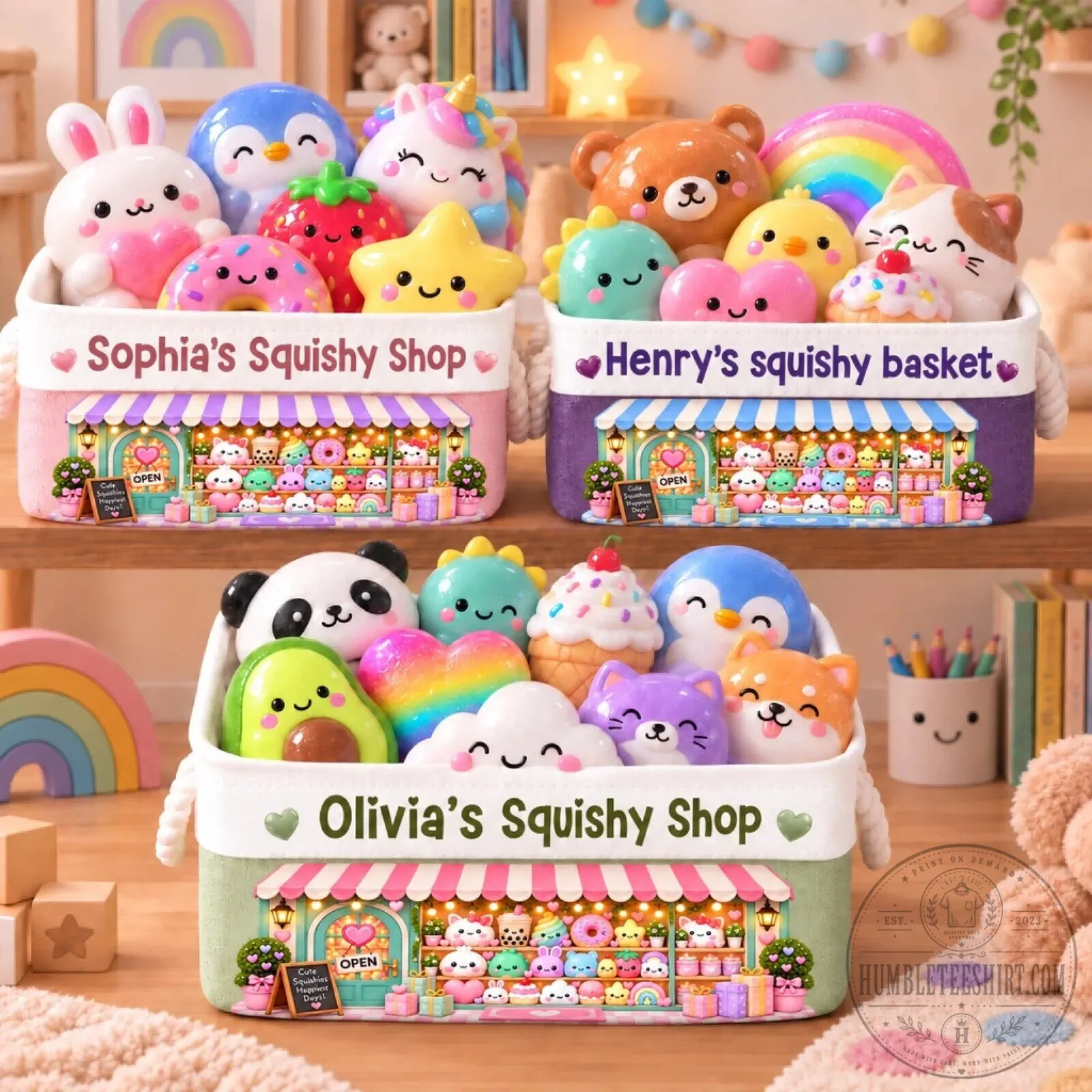 Personalized Squishy Shop Storage Basket for Kids - Custom Name Toy Organizer Bin