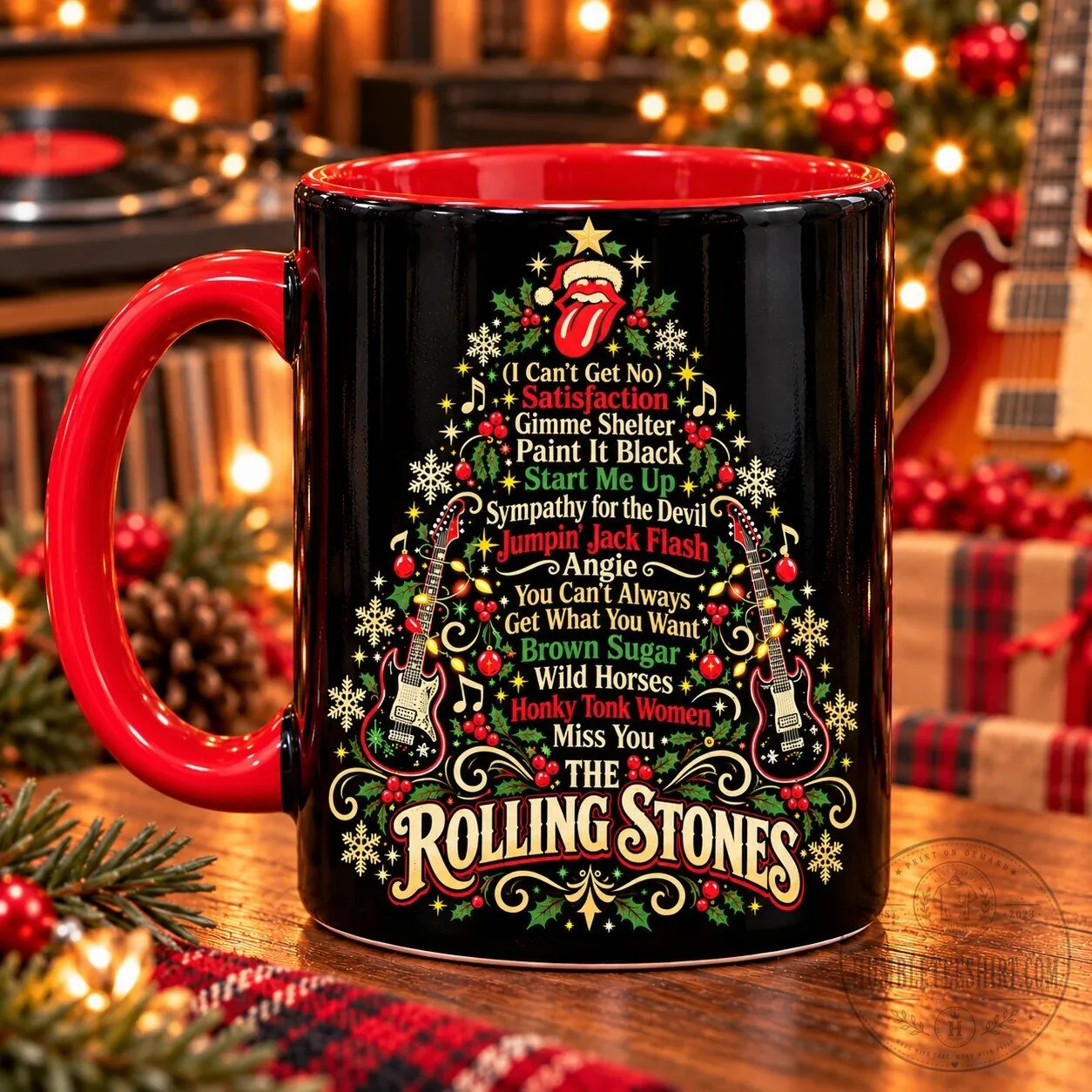 Rolling Stones Christmas Tree Mug, Holiday Coffee Lover Gift, Classic Rock Music Fan Present