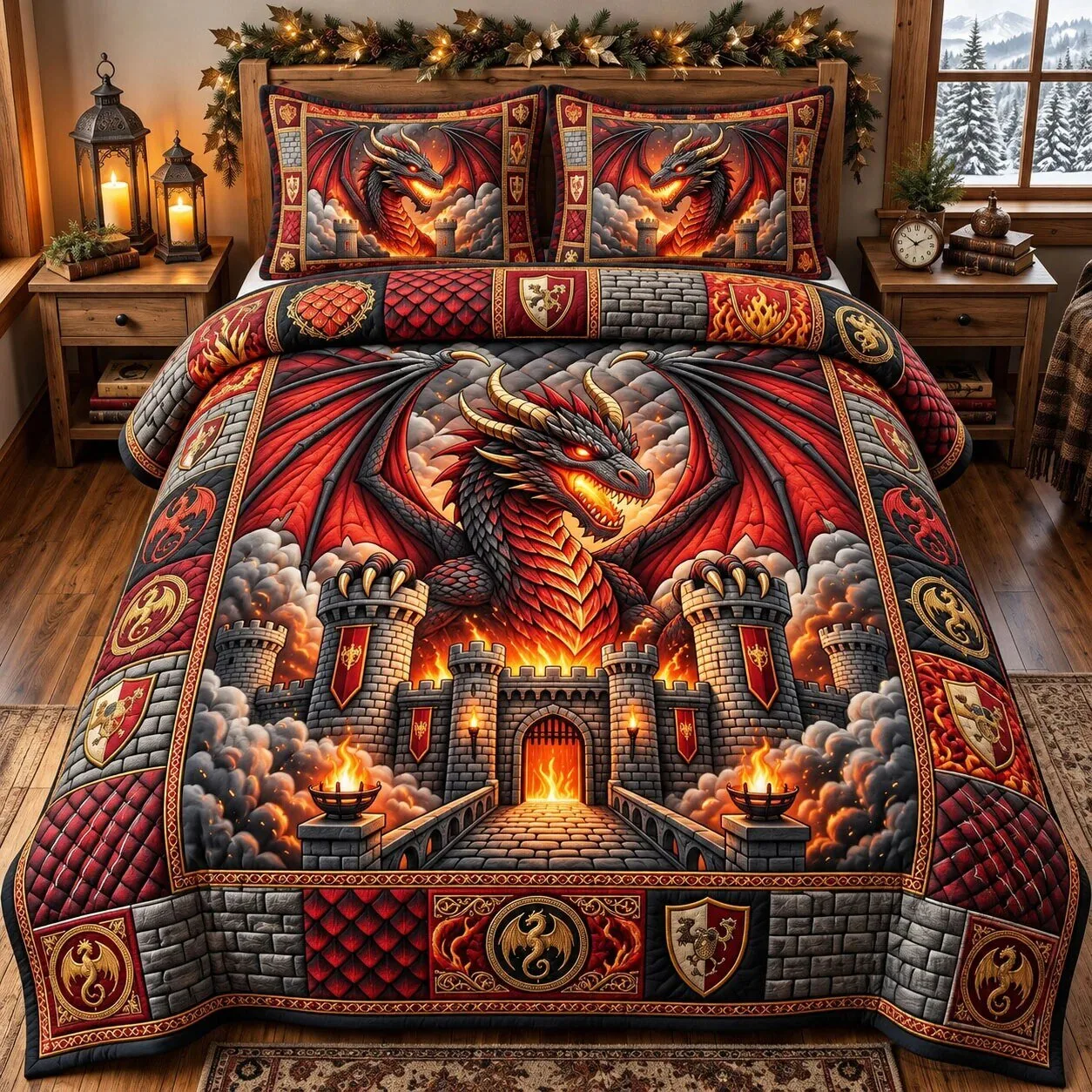 Mystic Dragon Fantasy Castle Quilted Bedding Set with Pillow Shams