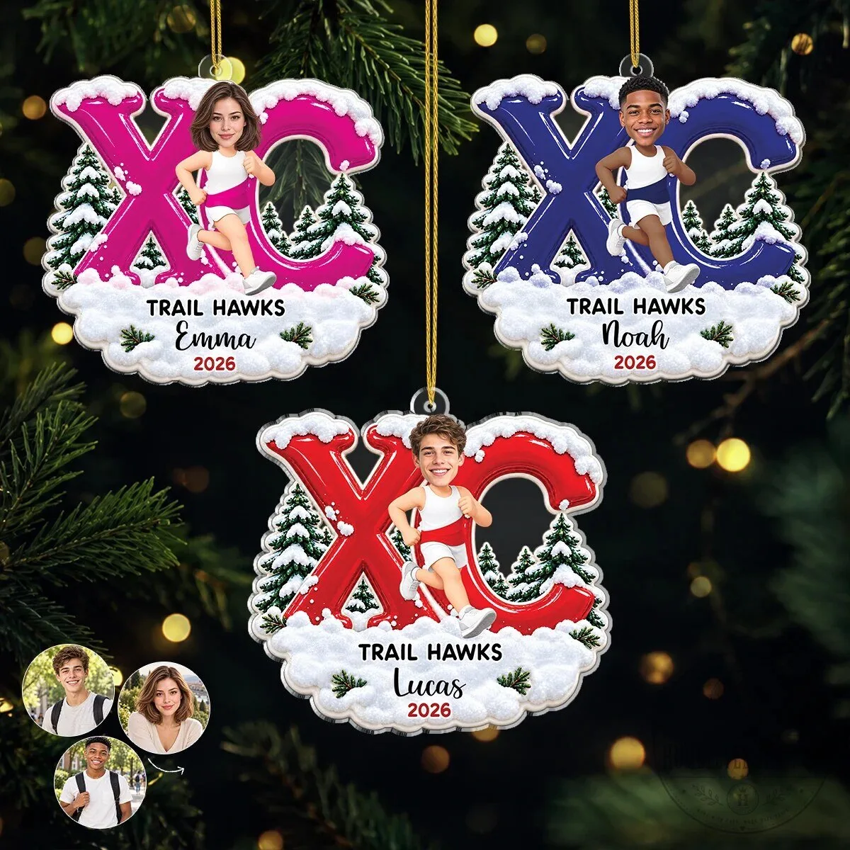Personalized Cross Country Runner Christmas Ornament, Custom Name Trail Hawks XC Decoration