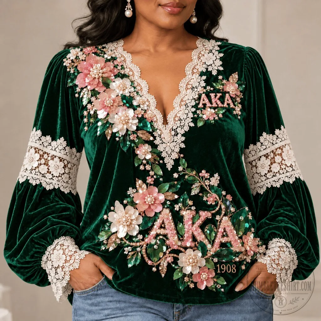 Alpha Kappa Alpha Sorority Emerald Green Velvet Lace Trimmed Blouse Alpha Kappa Alpha Sorority Emerald Green Velvet Lace Trimmed Blouse