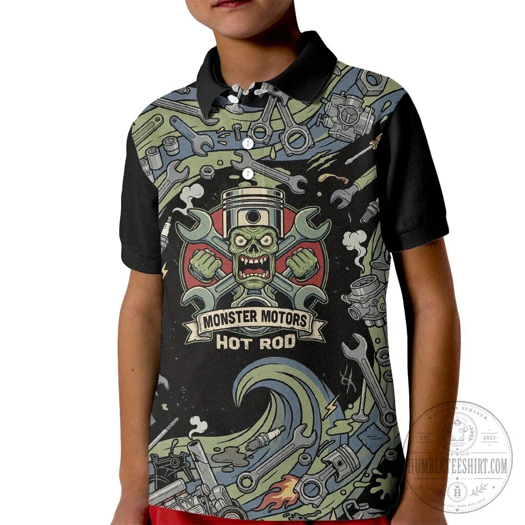 Monster Motors Hot Rod Mechanic Zombie Tools Kids Polo Shirt