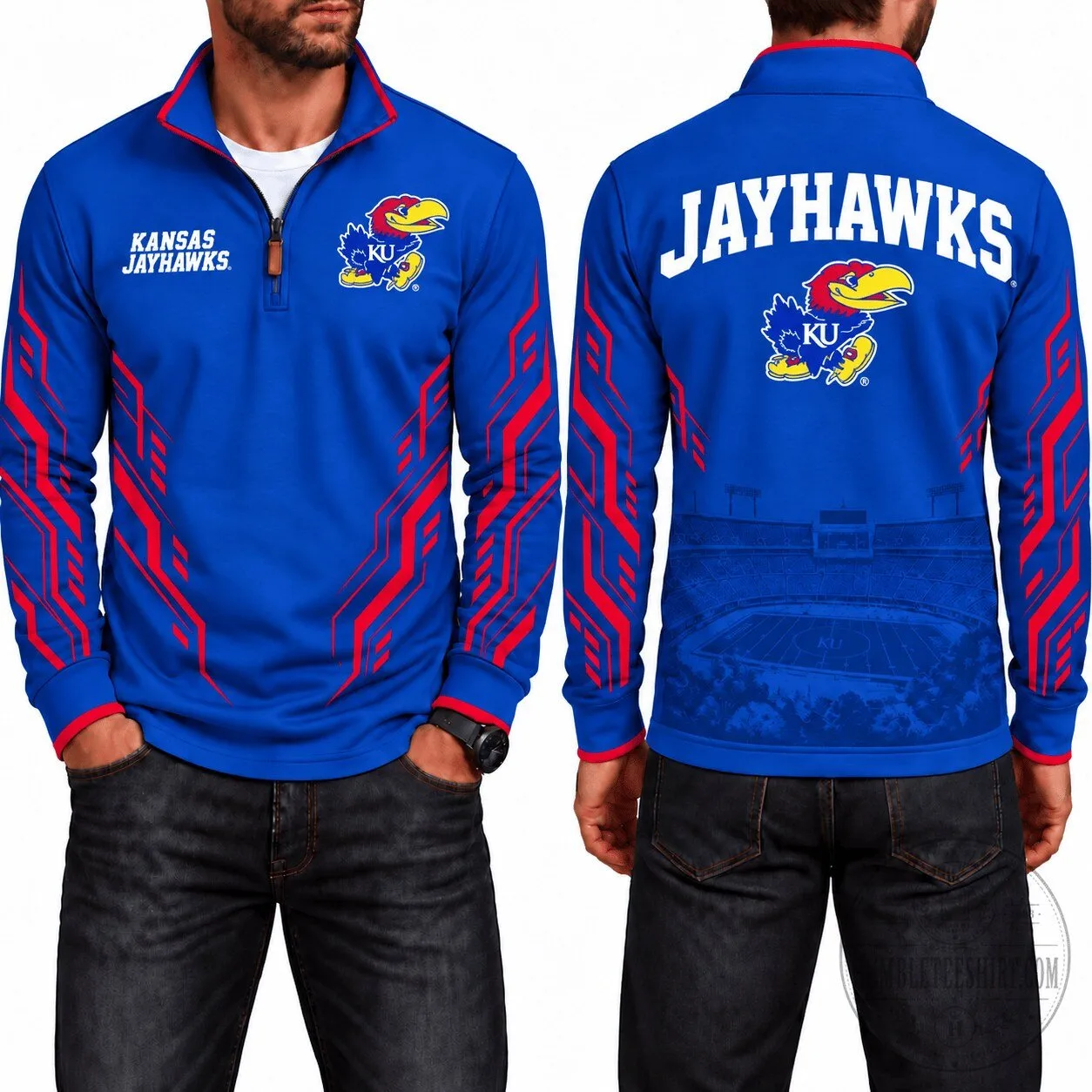 Kansas Jayhawks Men's Blue Quarter Zip Performance Pullover Sweatshirt 5 Kansas Jayhawks Men