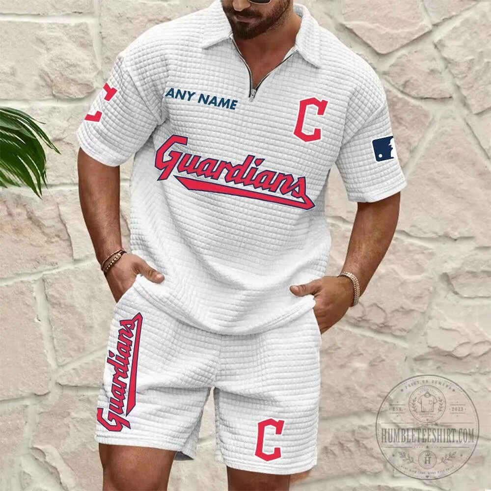 Cleveland Guardians Personalized Name Waffle Knit Polo Shirt and Shorts Set 2 Cleveland Guardians Personalized Name Waffle Knit Polo Shirt and Shorts Set