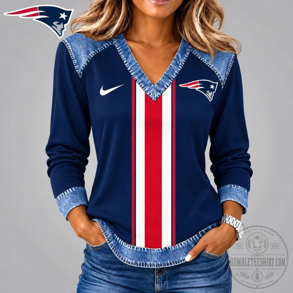 New England Patriots NFL Football Team Navy Blue Long Sleeve V-Neck Shirt New England Patriots NFL Football Team Navy Blue Long Sleeve V-Neck Shirt