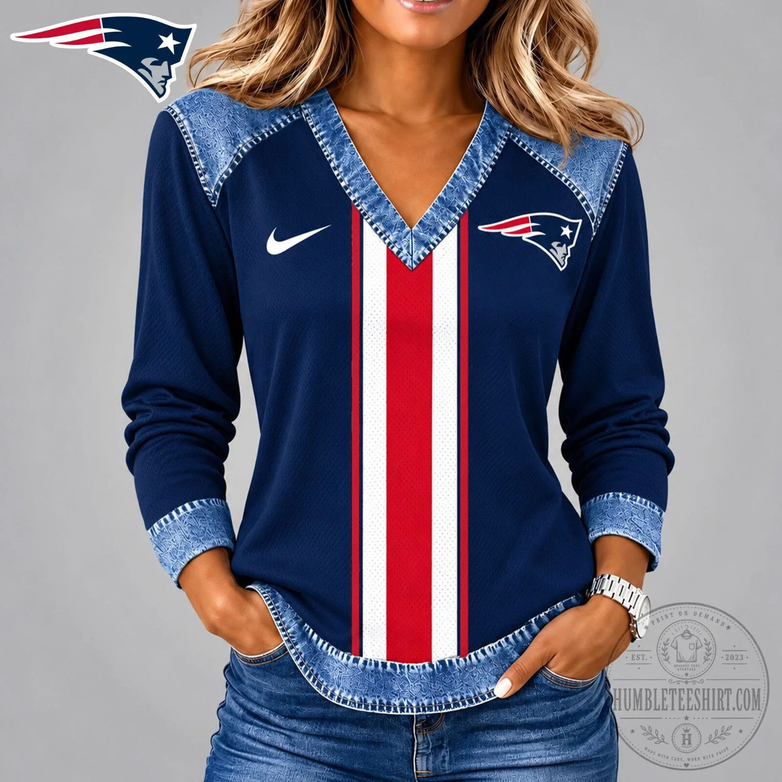 New England Patriots NFL Football Team Navy Blue Long Sleeve V-Neck Shirt 1 New England Patriots NFL Football Team Navy Blue Long Sleeve V-Neck Shirt
