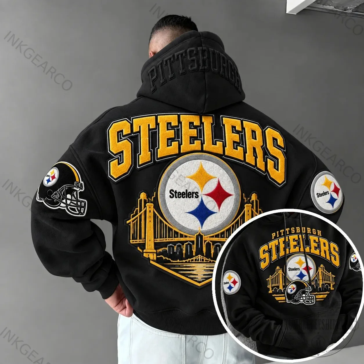 Black Hoodie featuring the Embroidered Logo of the Pittsburgh Steelers NFL Team 2 Black Hoodie featuring the Embroidered Logo of the Pittsburgh Steelers NFL Team
