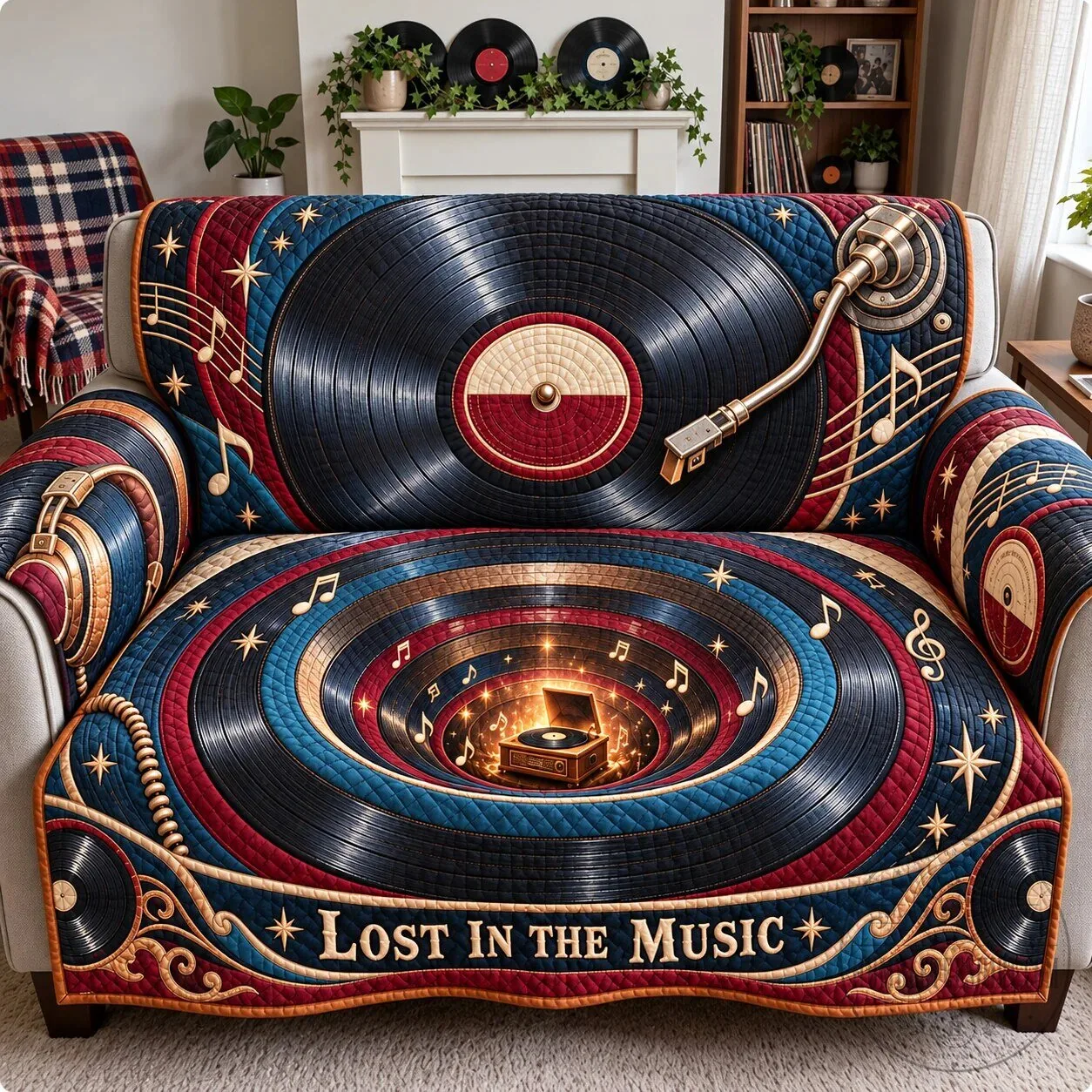Lost In The Music Retro Vinyl Record Player Quilted Sofa Cover