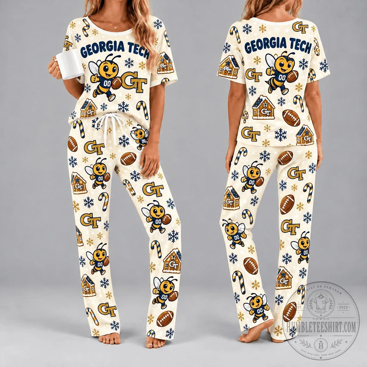 Georgia Tech Yellow Jackets Christmas Women's Pajamas Set with Football Mascot