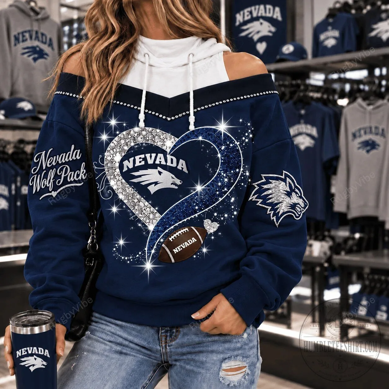 Nevada Wolf Pack Football Team Heart Design Women's Off Shoulder Hoodie