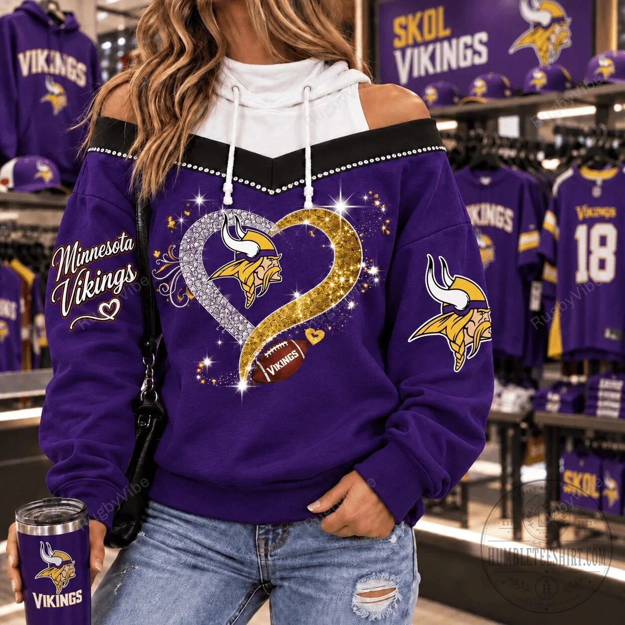 Minnesota Vikings Football Glitter Heart Purple Off Shoulder Sweatshirt