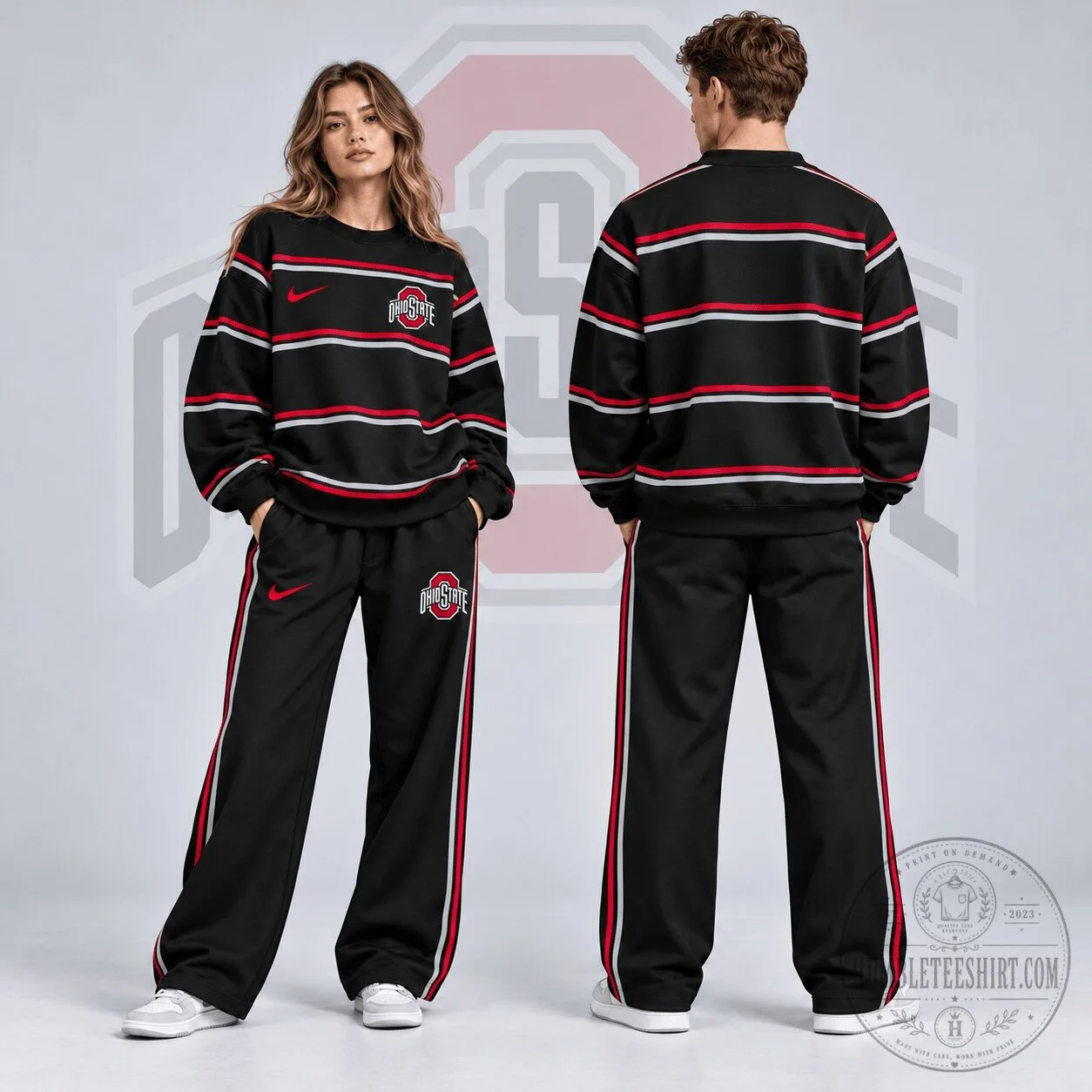 Ohio State Buckeyes Black Red White Striped Crewneck Sweatshirt 2 Ohio State Buckeyes Black Red White Striped Crewneck Sweatshirt