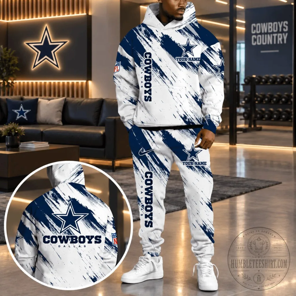Dallas Cowboys Personalized NFL Team White Brush Stroke Hoodie and Sweatpants Set Dallas Cowboys Personalized NFL Team White Brush Stroke Hoodie and Sweatpants Set