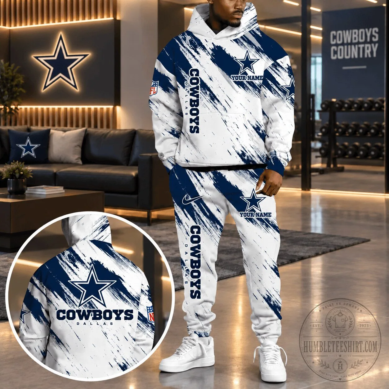 Dallas Cowboys Personalized NFL Team White Brush Stroke Hoodie and Sweatpants Set
