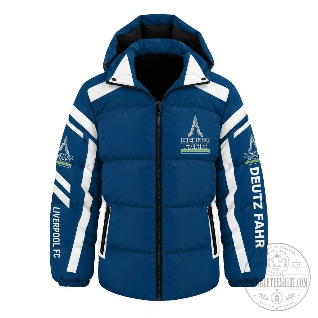 Liverpool FC Deutz Fahr Tractor Logo Blue Puffer Jacket