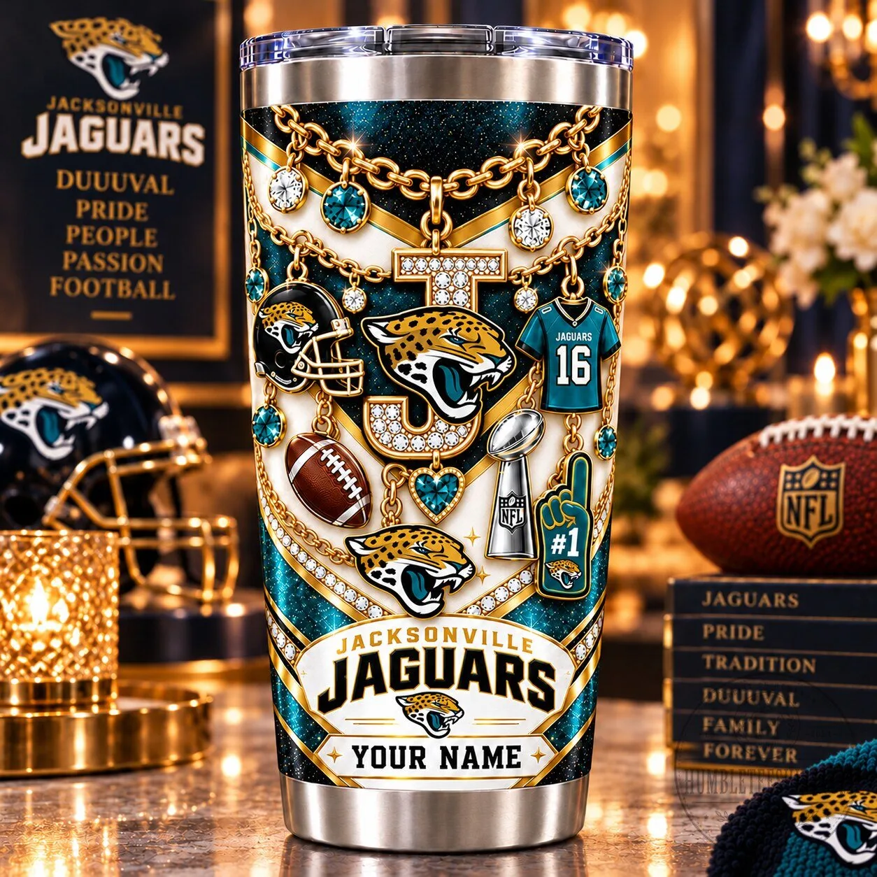 Jacksonville Jaguars Personalized NFL Football Team Sparkle Tumbler Cup