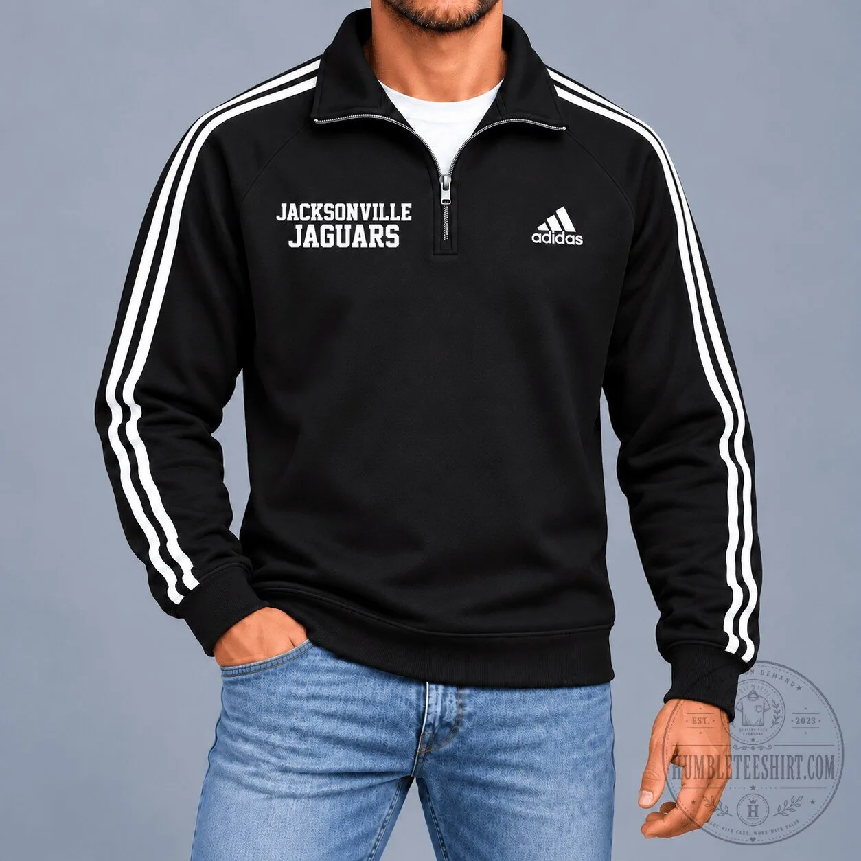 Jacksonville Jaguars Adidas Black Quarter-Zip Sweatshirt with White Stripes