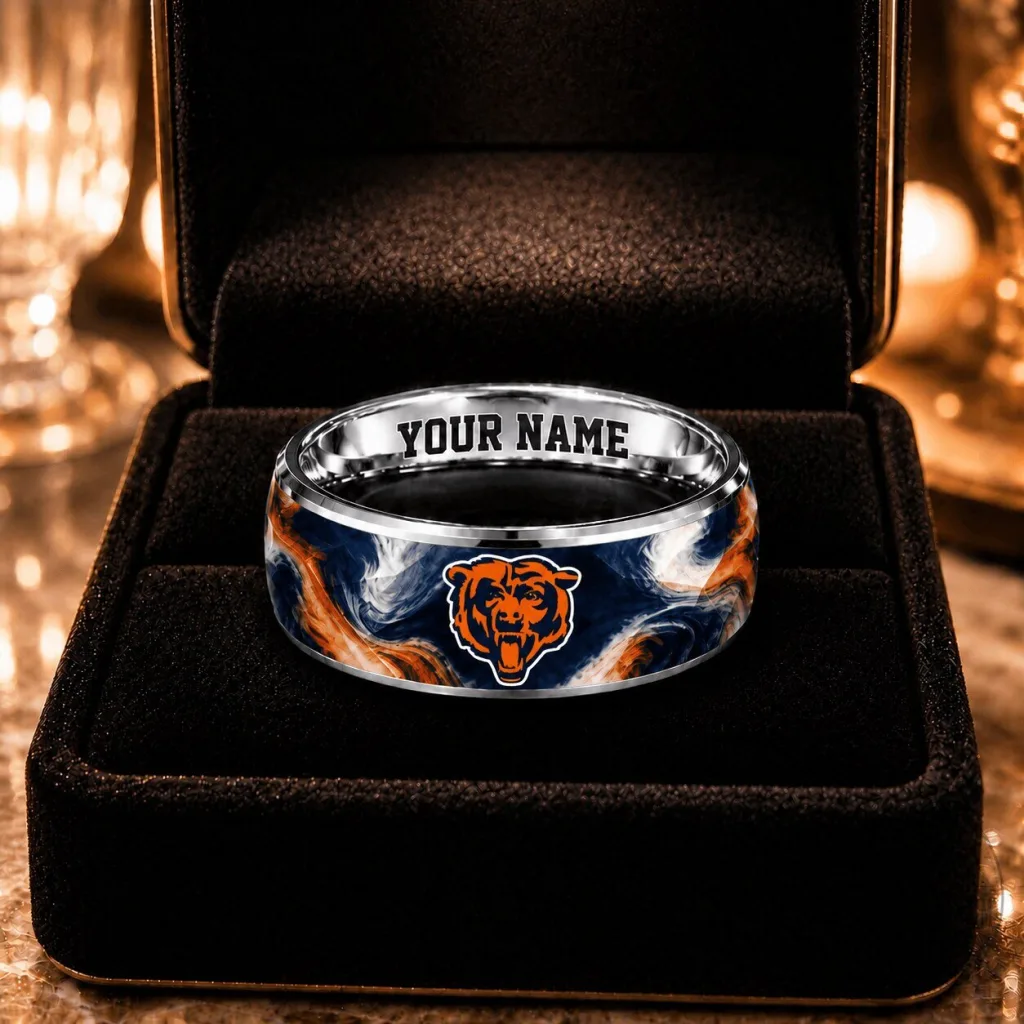 Chicago Bears NFL Team Logo Custom Name Engraved Ring Chicago Bears NFL Team Logo Custom Name Engraved Ring