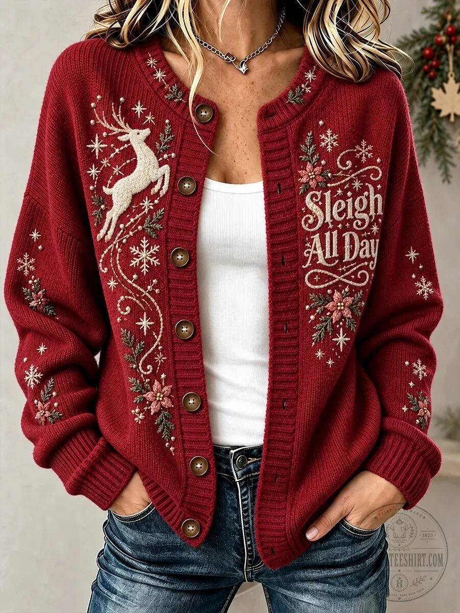 Sleigh All Day Reindeer and Snowflake Embroidered Christmas Cardigan