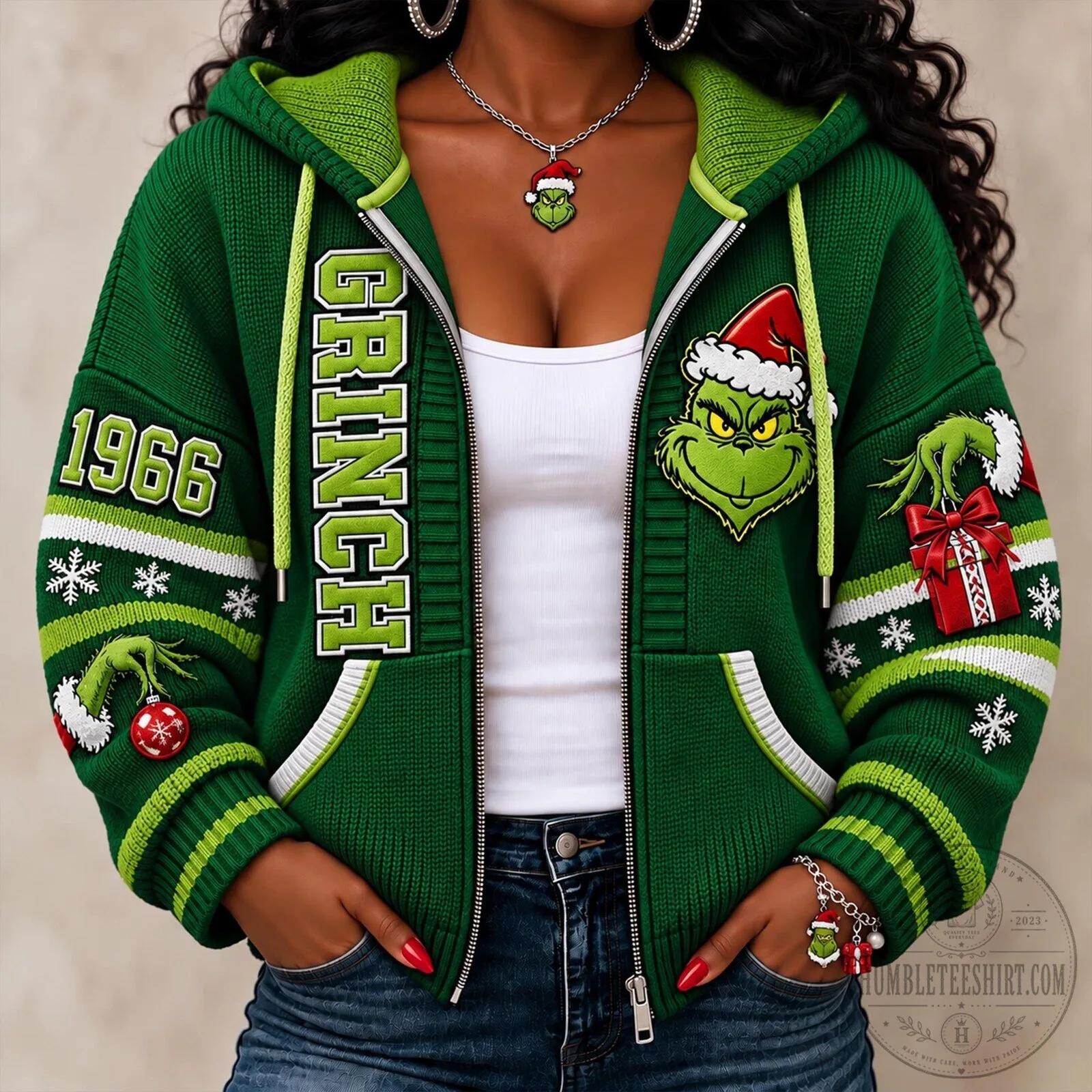 The Grinch Christmas Holiday Green Knitted Zip-Up Hoodie 6 The Grinch Christmas Holiday Green Knitted Zip-Up Hoodie