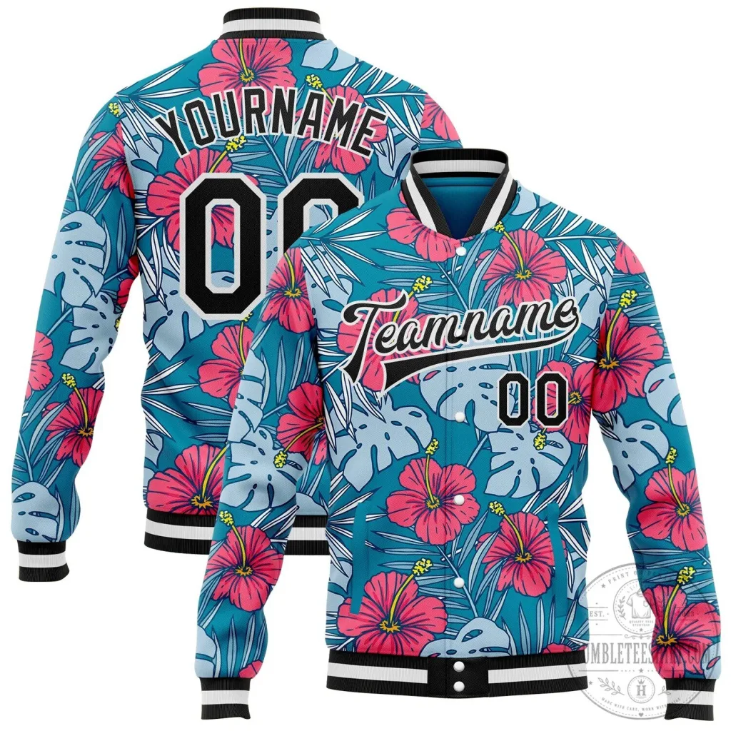 Custom Blue Hibiscus Tropical Leaves Bomber Jacket Custom Blue Hibiscus Tropical Leaves Bomber Jacket
