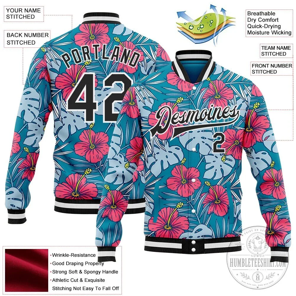 Custom Blue Hibiscus Tropical Leaves Bomber Jacket 11 Custom Blue Hibiscus Tropical Leaves Bomber Jacket