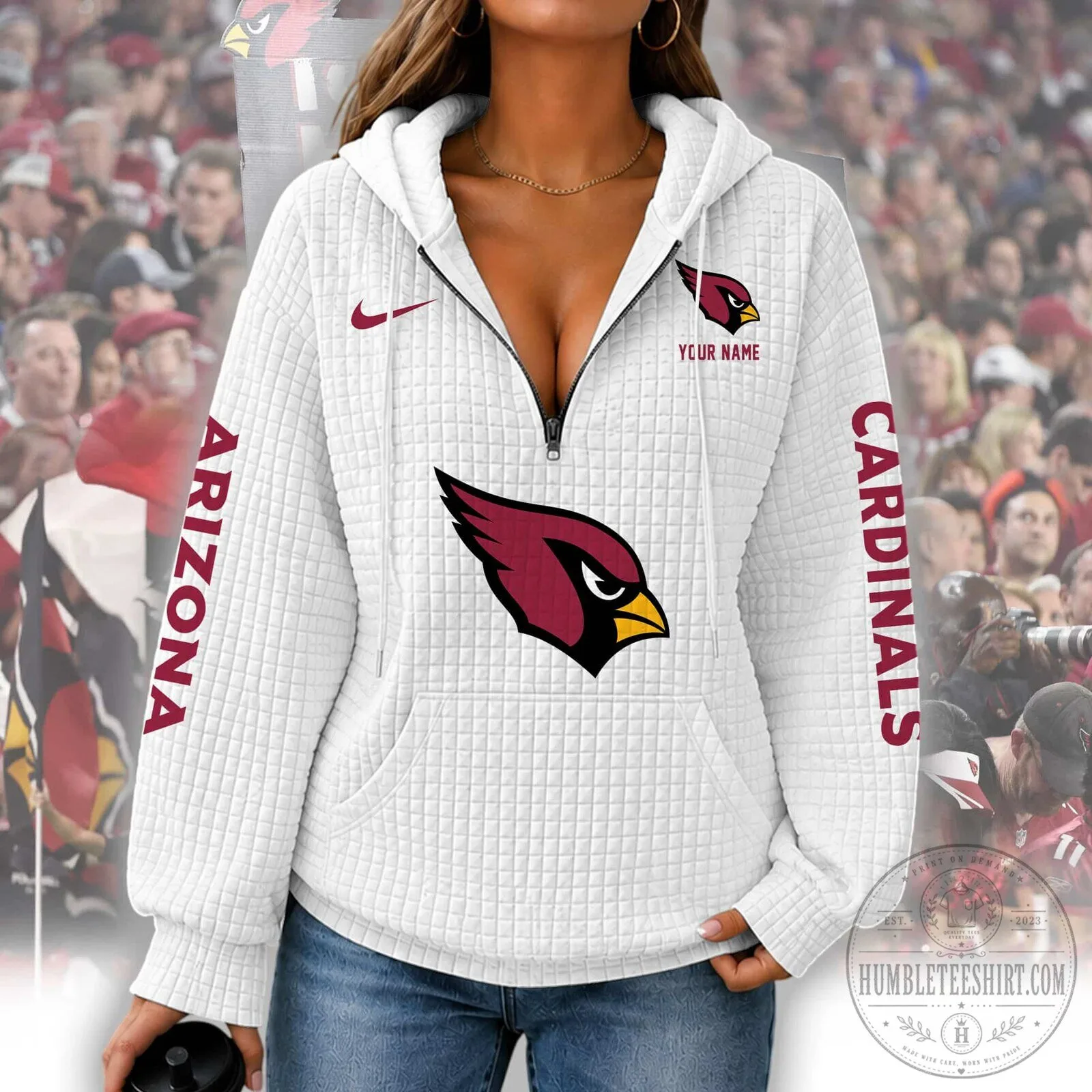 Arizona Cardinals Women's Waffle Knit Half-Zip Hoodie with Custom Name