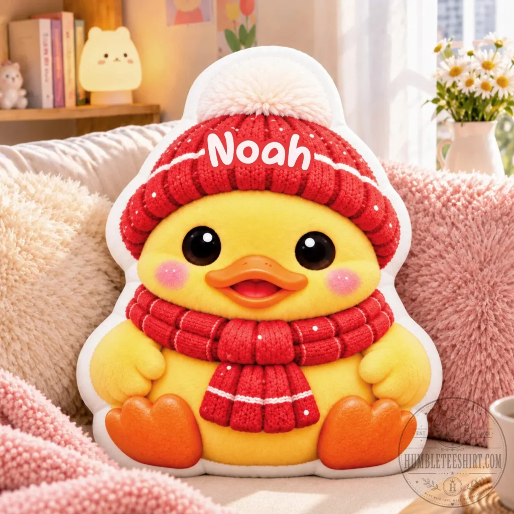 Personalized Yellow Duck Wearing Winter Hat and Scarf Decorative Pillow Personalized Yellow Duck Wearing Winter Hat and Scarf Decorative Pillow