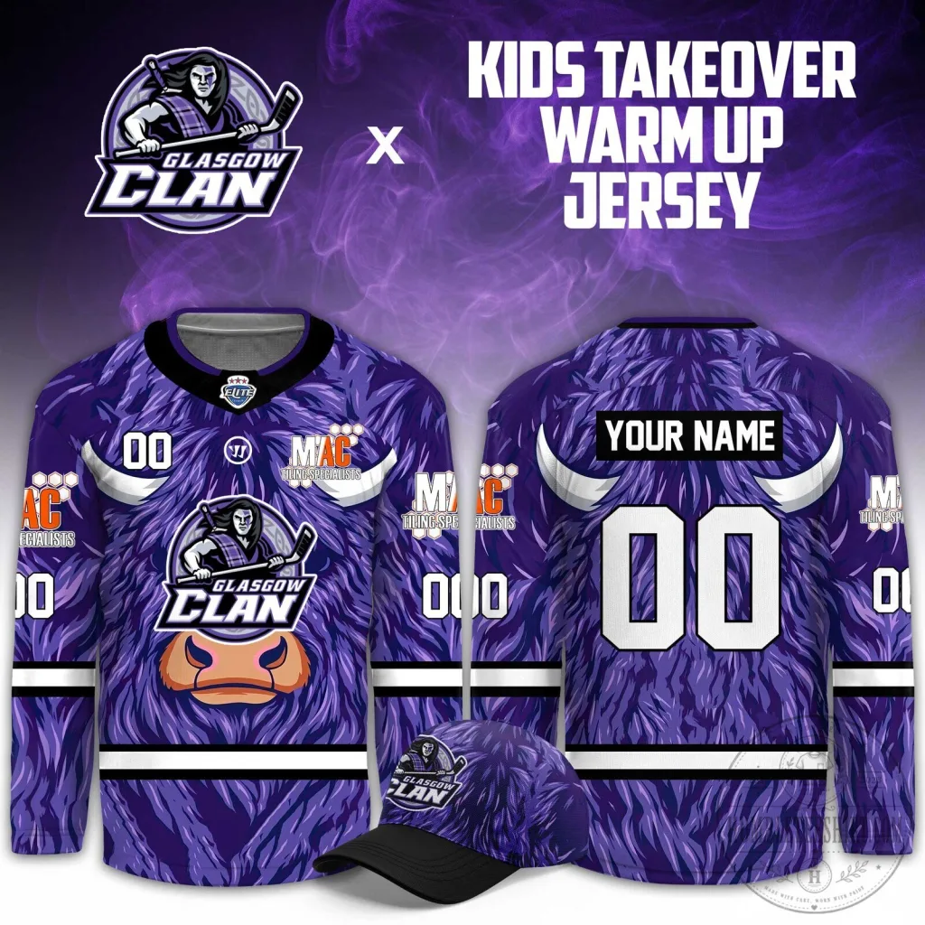 Glasgow Clan Purple Army Kids Takeover Warm Up Hockey Jersey Glasgow Clan Purple Army Kids Takeover Warm Up Hockey Jersey