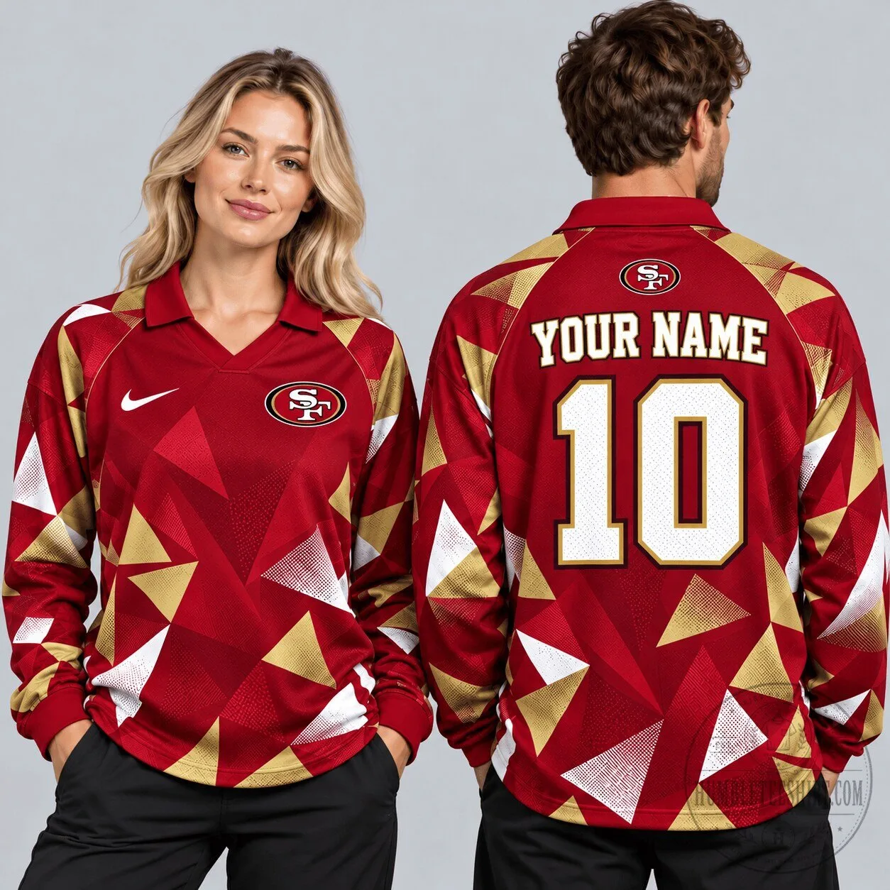 San Francisco 49ers Custom Name Number Red Gold Abstract Long Sleeve Polo Shirt