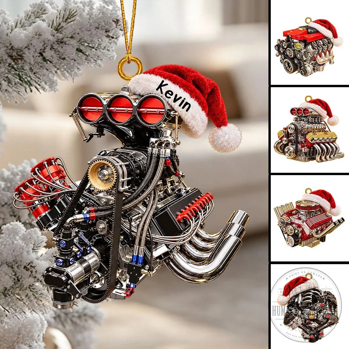 Custom V8 Engine Drag Racing Christmas Tree Ornament for Enthusiasts