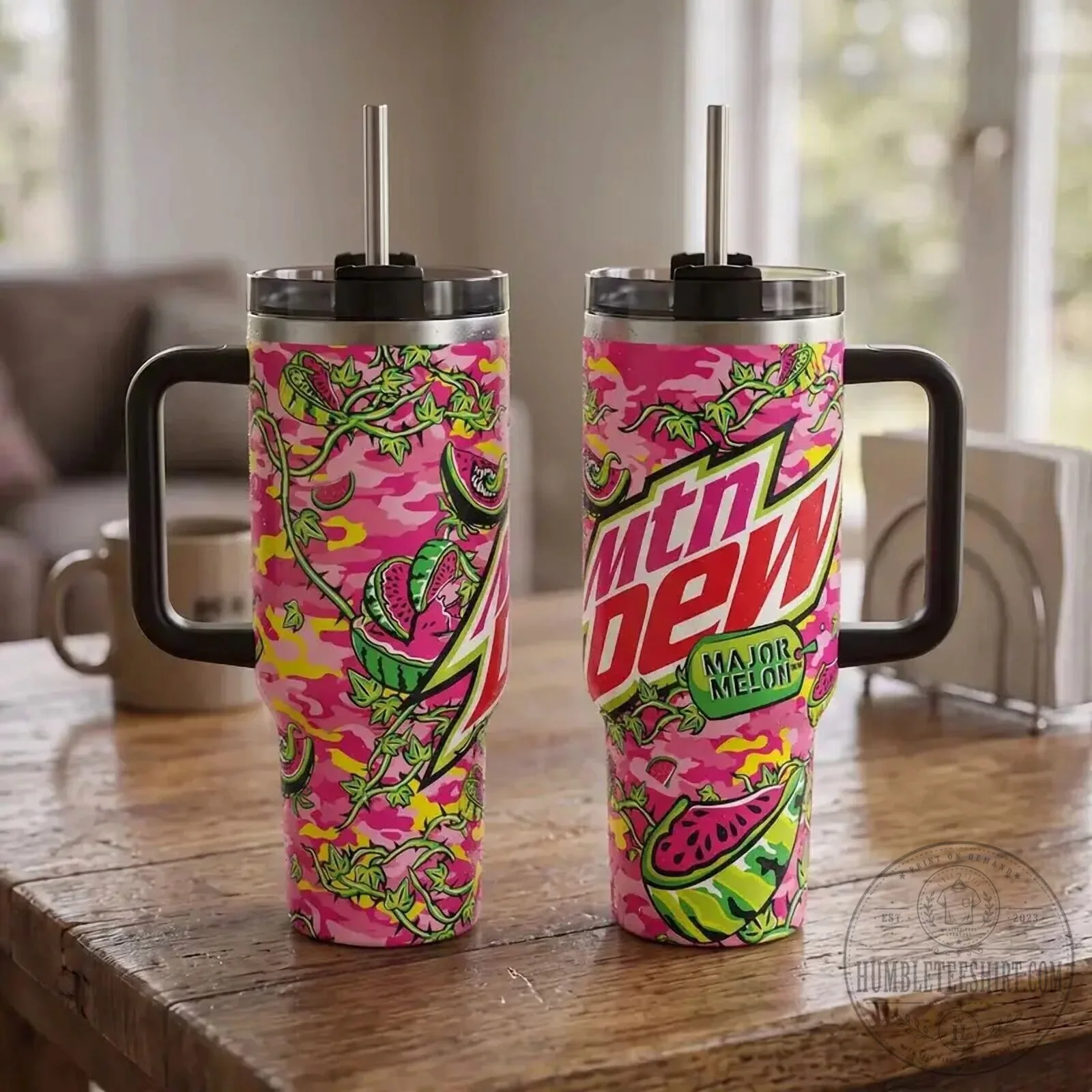 Mountain Dew Major Melon Pink Camouflage Pattern Insulated Tumbler with Handle